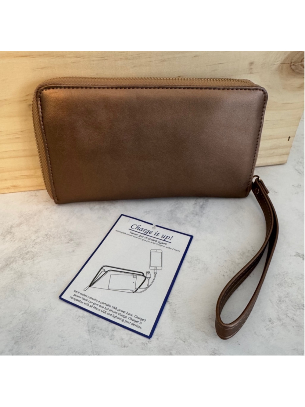 Women's Metallic Bronze Wristlet Wallet with Power Bank & USB Charger